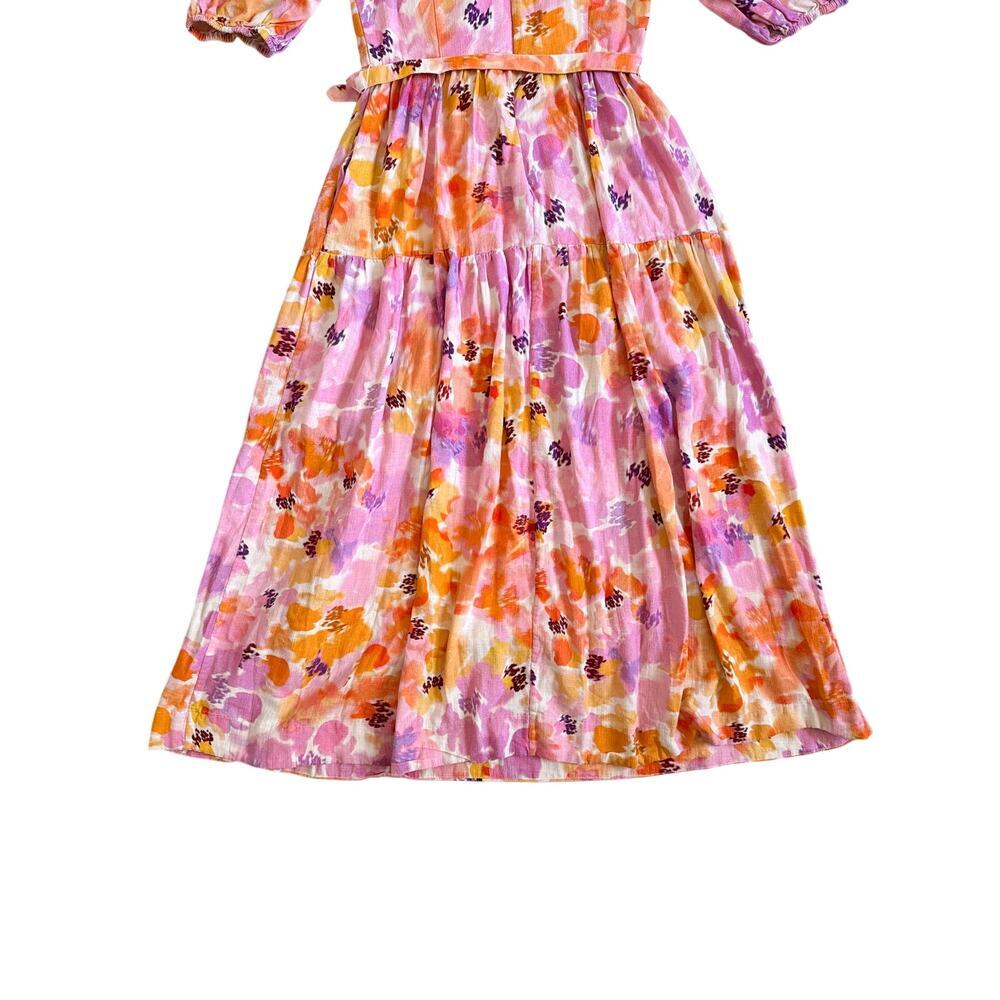 NICHOLAS Celie Floral Linen Blend Midi Dress Pink Orange Belted Size 8 - Picture 11 of 12